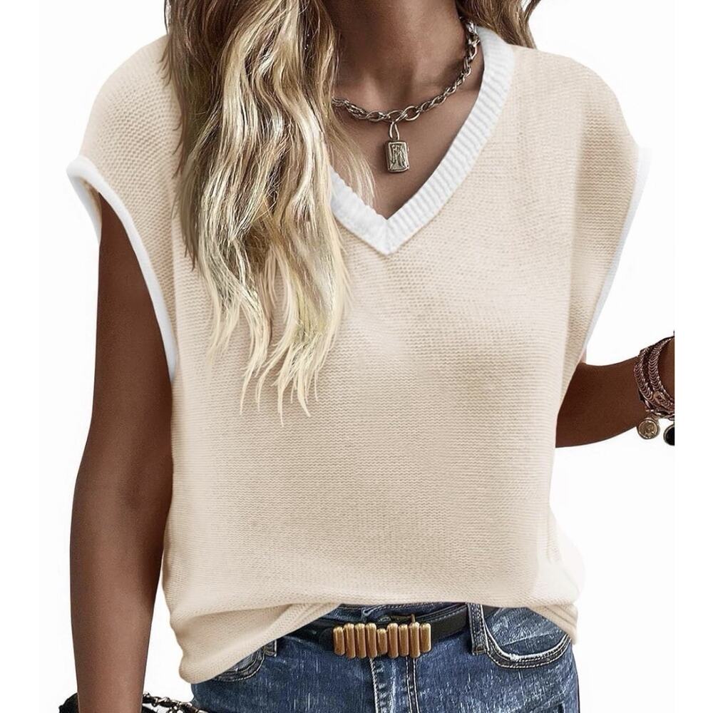Imily Bela Summer Cap Sleeve Sweater Vest Casual V Neck Apricot Women’s XXXL